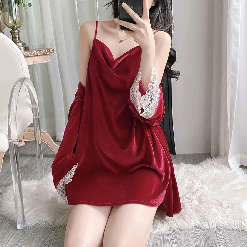 ベルベットのパジャマの女性秋冬のセクシーなレースのストラップのパジャマの家の服の純粋な欲風の大きいサイズの家の服|undefined