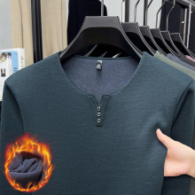 秋冬男士加绒T恤长袖打底衫时尚小V领潮流休闲纯色加厚t恤男青年