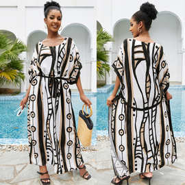 批发欧美爆款人棉印花沙滩罩衫宽松大码长袍式连衣裙比基尼外罩衫