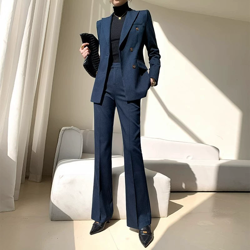 Деловая официальная одежда, женский костюм с длинными рукавами, темно-синий двубортный профессиональный костюм, осенне-зимний пригородный костюм для интервью, Комбинезоны