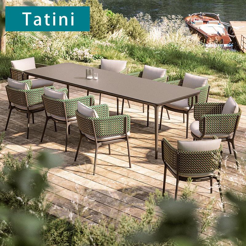 Mesa y silla de ocio al aire libre a prueba de agua y protección solar sala de sol muebles de aleación de aluminio patio jardín combinación de silla de comedor de caña image 1