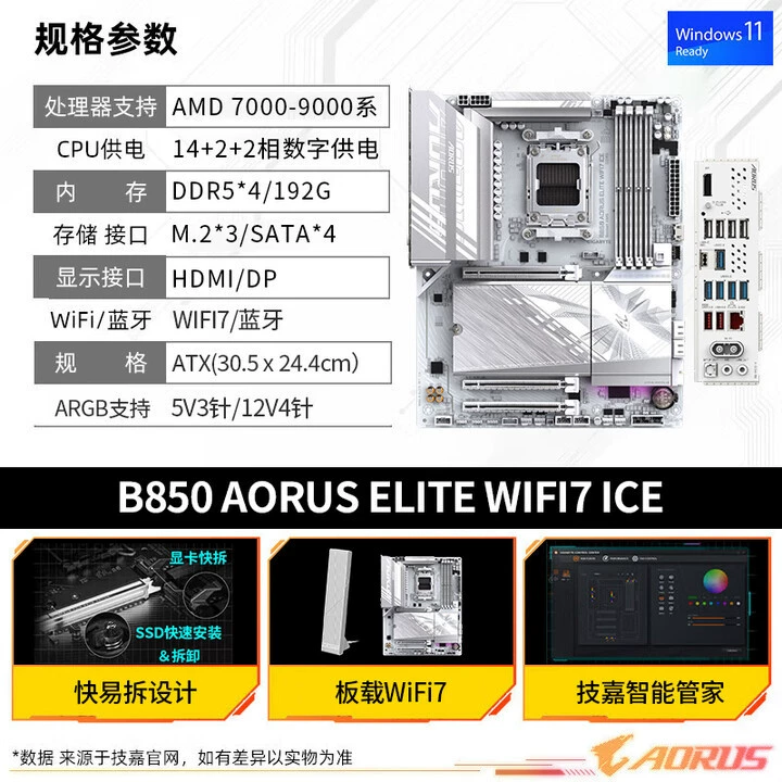 Материнская плата Gigabyte Ice Sculpture B850 AORUS ELITE WIFI7 ICE, большая плата, подходит для 9600X/9700X