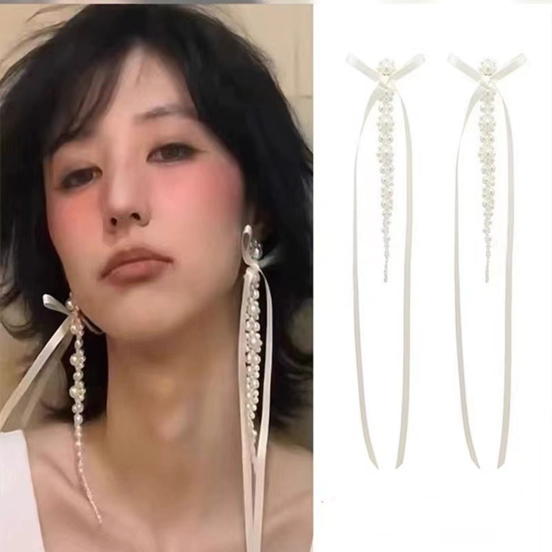 芭蕾法式慵懶手工絲帶流蘇耳環小八同款仙女芭蕾顯臉小耳飾rose