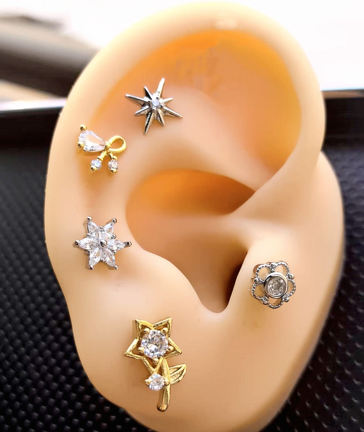 Bow Flower Cartilage Earring Gold 18K Plated Copper Ear Bone Stud Niche Piercing Jewelry detail image 10