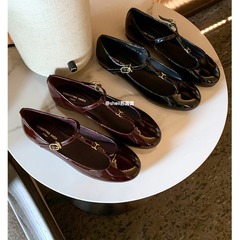 【グレープママと同じスタイル】クロ*ミス～小さなゴールドバックル付きレトロラウンドトゥTストラップメリージェーンフラットシューズレディース