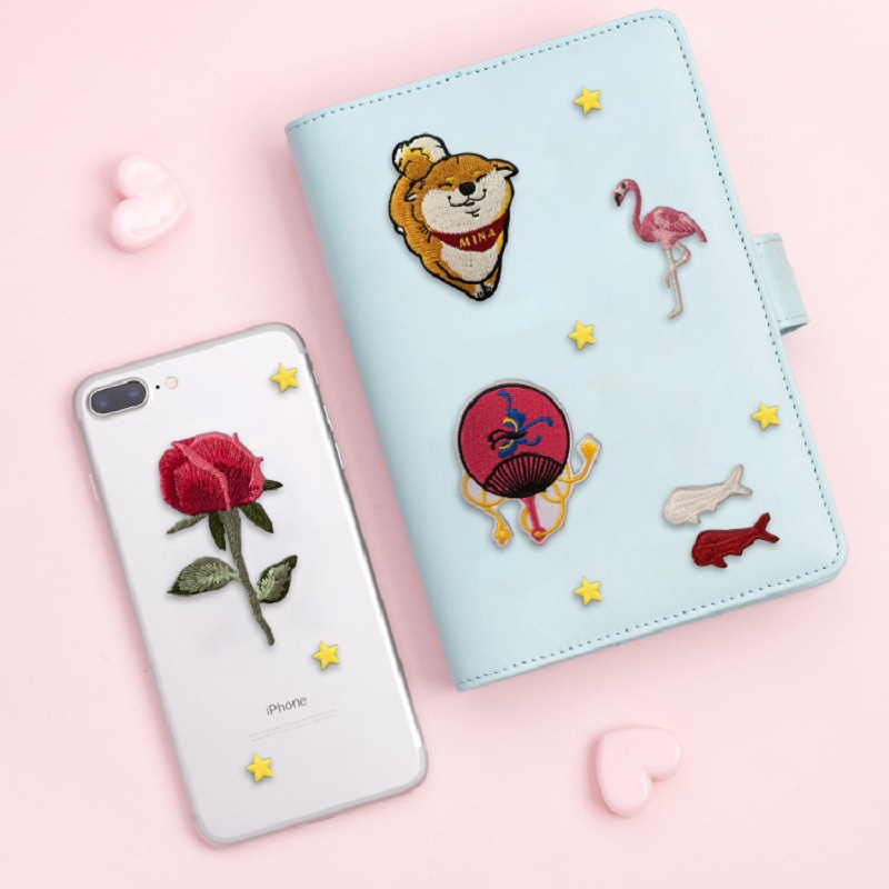 动物可爱花朵日系秋田犬火烈鸟刺绣布贴补丁贴图案遮盖装饰刺绣贴