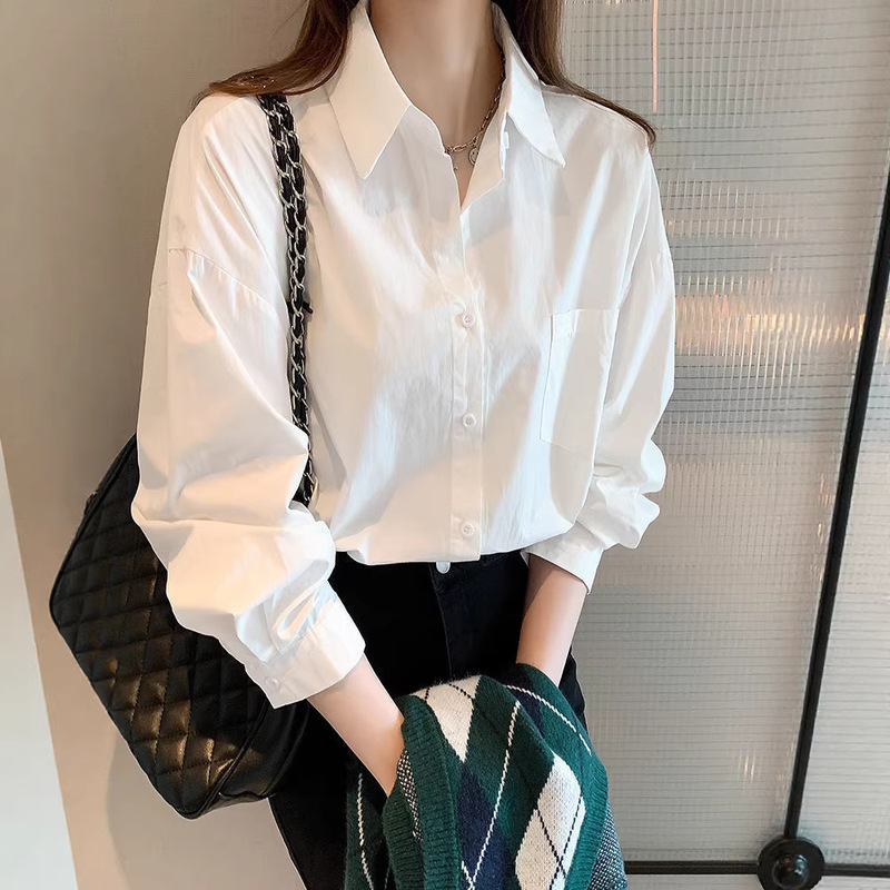 Elegant White Shirt for Women, Long-Sleeved, New Spring and Autumn Korean Style Design, Niche Top, Casual Loose Long-Sleeved Shirt