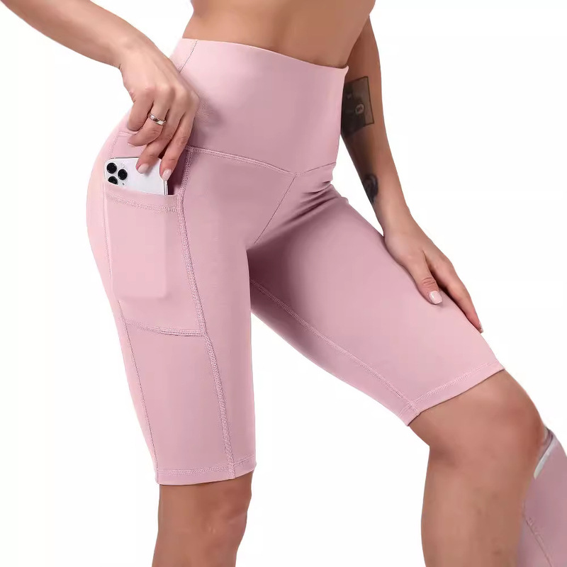 Women's Yoga Shorts High-Waisted Sports Running Shorts with Pockets Workout Leggings Cross-Border European and American Style Can Be Worn Outside Butt-Lifting