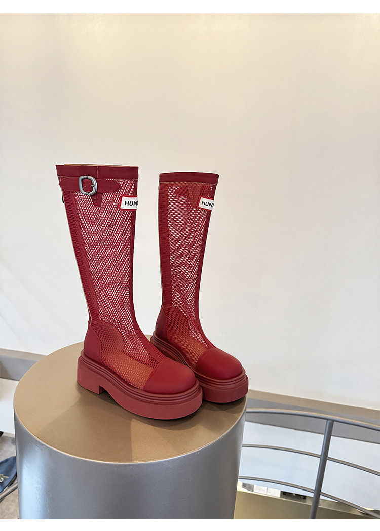 Boot nữ cổ cao ôm bắp chân đế dày gót vuông phong cách lưới thoáng khí — Ống rộng đen, Ống tiêu chuẩn đỏ, Ống tiêu chuẩn đen, Ống rộng đỏ chi tiết 12
