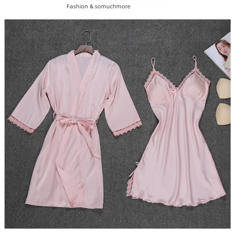 Silk Sexy Summer and Spring Set of 2 Women's Sleep Gowns with Bralette Robe Silk Tank Top Sleepwear 2811
