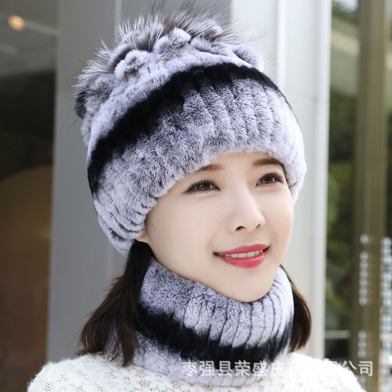 冬季皮草獭兔帽子脖套狐狸毛球加厚保暖女款年轻时尚韩版可调节