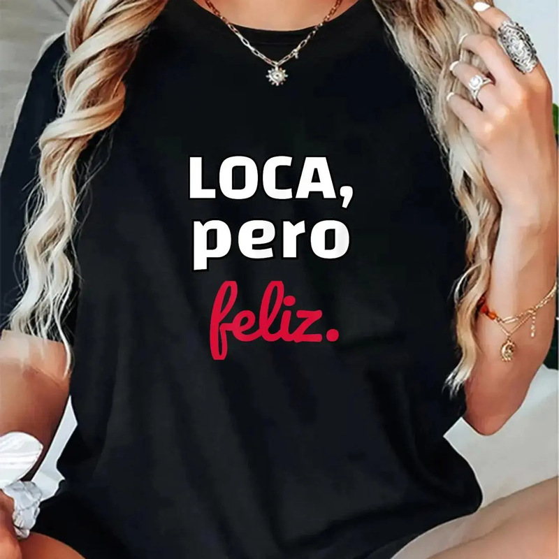 Specially Designed for Cross-Border Trade, Pure Cotton Spanish-Themed Slogan Print Oversized Heavyweight Short-Sleeve T-Shirt for Women, Summer Edition