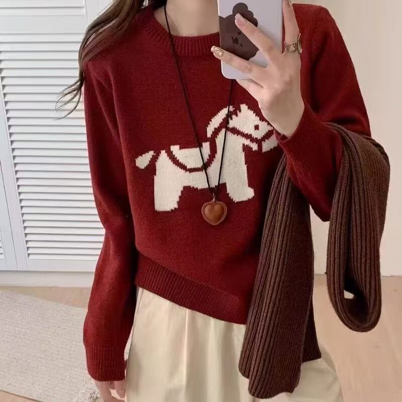 Cute Jacquard Pony Pattern Knitwear Women's European Station Winter Early Season New Year Red Christmas Knitwear