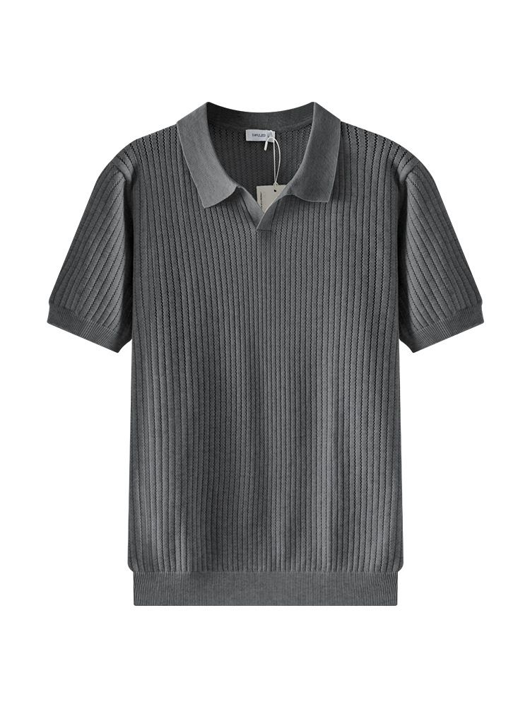 Europa y los Estados Unidos transfronterizos hombres de verano V-collar agujero hielo tejido polo camiseta alta sensación delgada con solapa transpirable mangas cortas