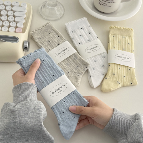 Ribbed polka dot ankle socks for girls, summer thin mesh ballet style Japanese style slimming pure cotton white stack socks