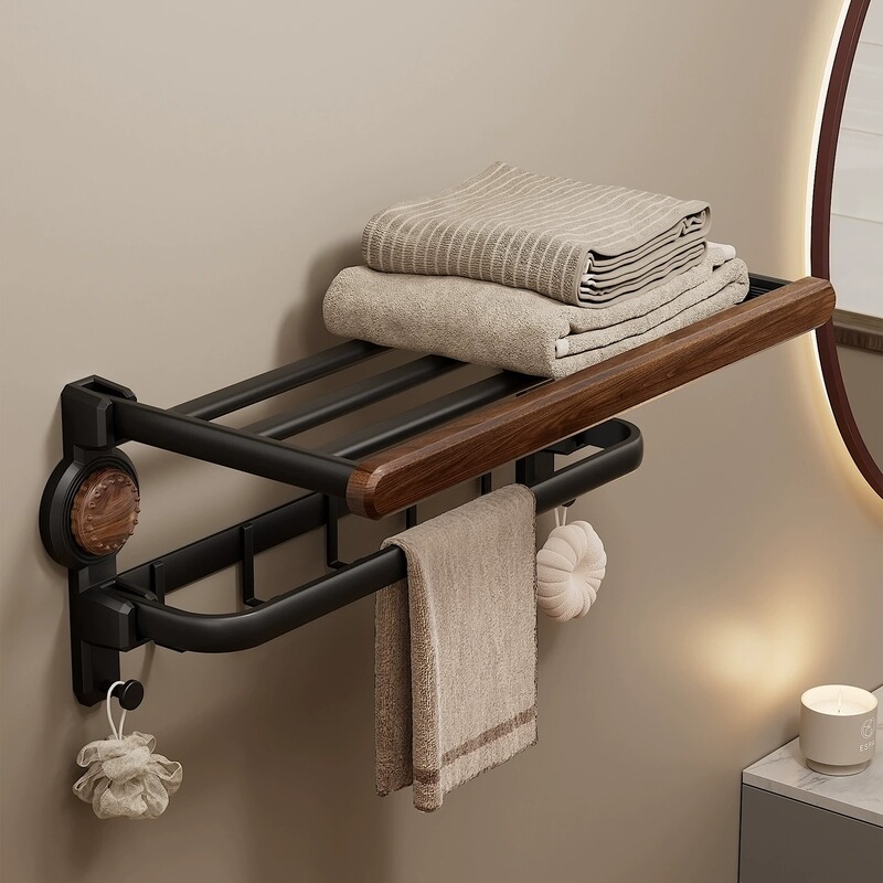 Walnut Suction Cup Towel Rack, No-Drill High-End Bathroom Storage Rack, Wall-Mounted Bath Towel Hanger for Bathroom and Toilet