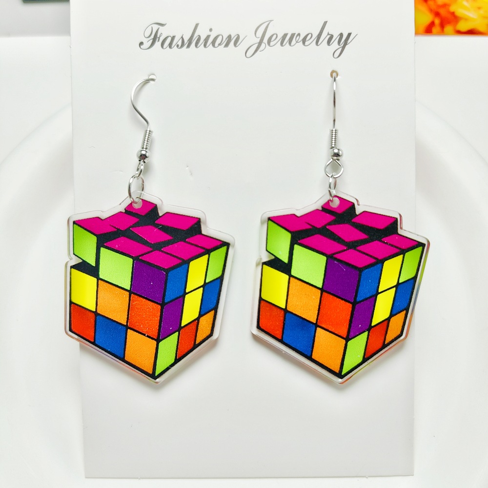 14g Weight Iron Ear Needle Material Drop Earrings Classification 1 Pair Quantity Holiday, Daily Occasion Acrylic Material Printing, Color Block, Rubik'S Cube Pattern Women's Gender Stoving Varnish Design Novelty Style 1 Pair Novelty Printing Color Block Rubik'S Cube Stoving Varnish Arylic Drop Earrings 17