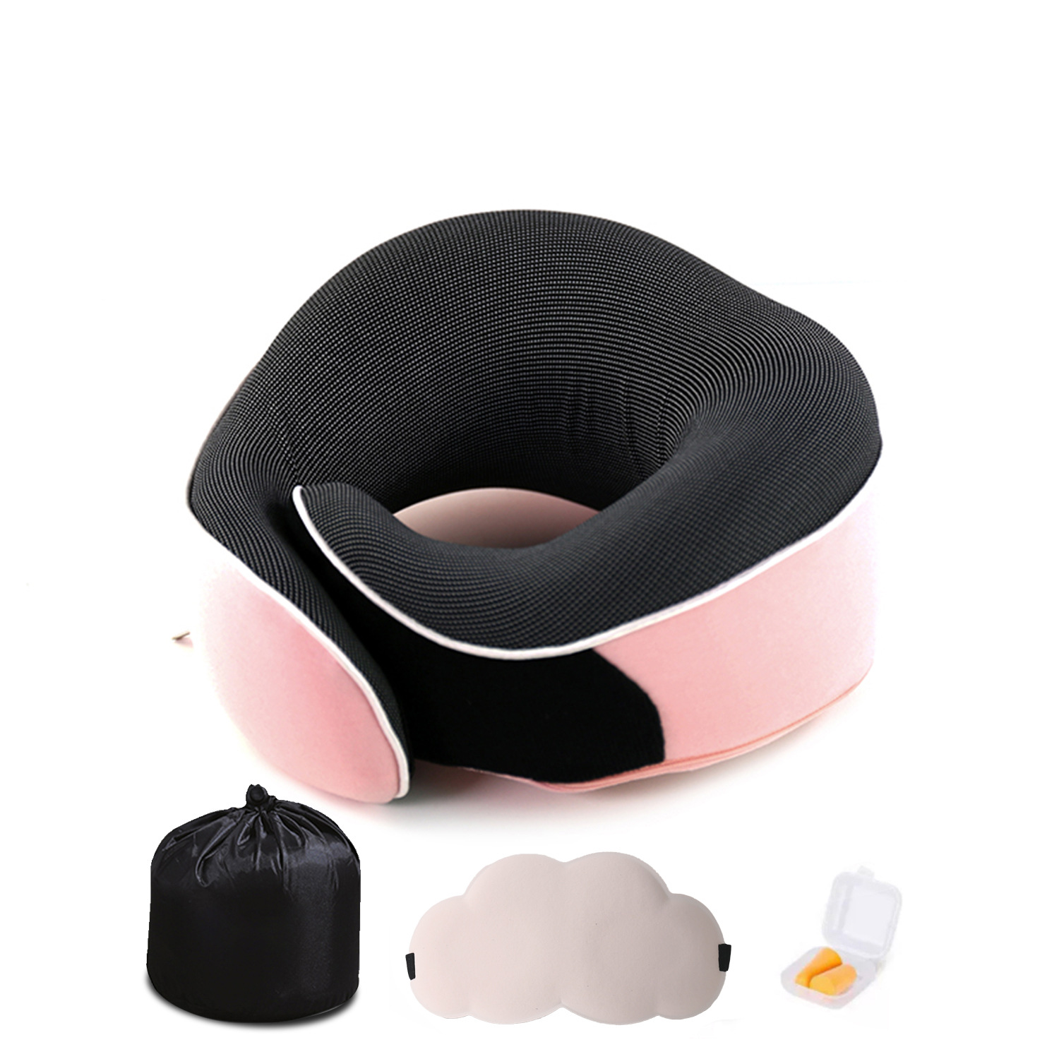 Nuevas almohadas de cuello transfronterizas almacenables de memoria de viaje almohadas de algodón nubes de ojos tapones de auriculares caja de regalo en stock