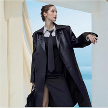 跨境外贸中长款过膝pu皮衣外套2025春秋新款欧美设计感风衣女大衣