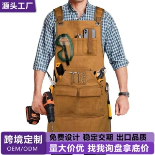 跨境厚帆布围裙多口袋过蜡耐磨汽修工电工木工工作服定制logo印字
