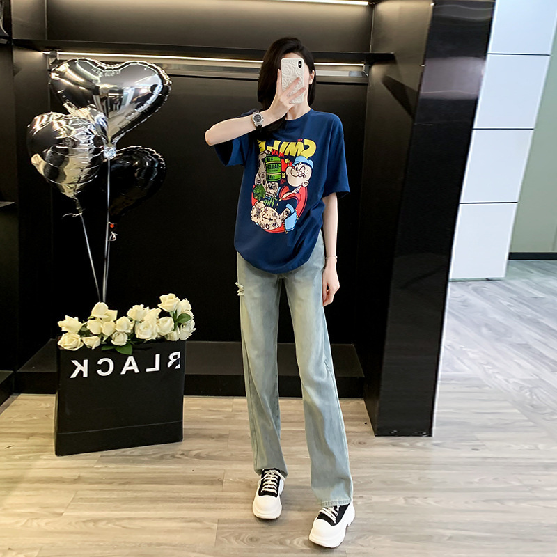 Summer wear with a set of fried street fashion western style loose straight Denim wide leg pants casual sports suit women's clothing