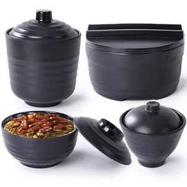 仿瓷黑色磨砂日式有盖碗味汤盅木桶饭碗餐具快餐专用商用仿瓷餐具