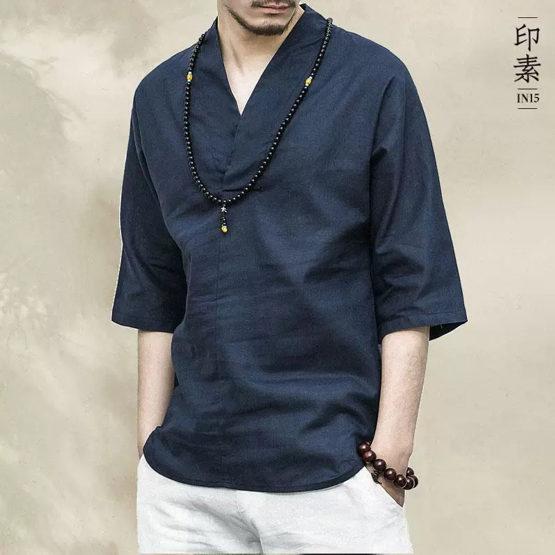 Мужская одежда в китайском стиле летняя ретро-стиль хлопчатобумажная футболка с короткими рукавами мужская льняная топ V-образный рукав