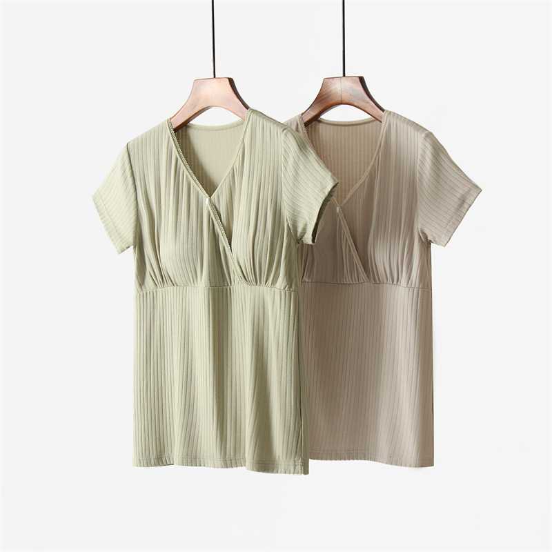 Breastfeeding clothes with chest pad half sleeve short sleeve shirt confinement clothing thin skin-friendly breathable nursing clothing summer