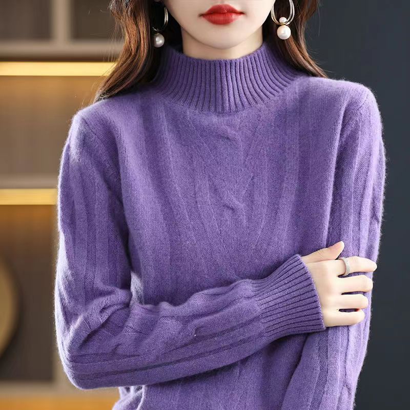 2024 otoño y invierno nuevo cómodo casual camiseta de punto de cuello medio alto de mujer torsión fondo suéter de punto suelto al por mayor