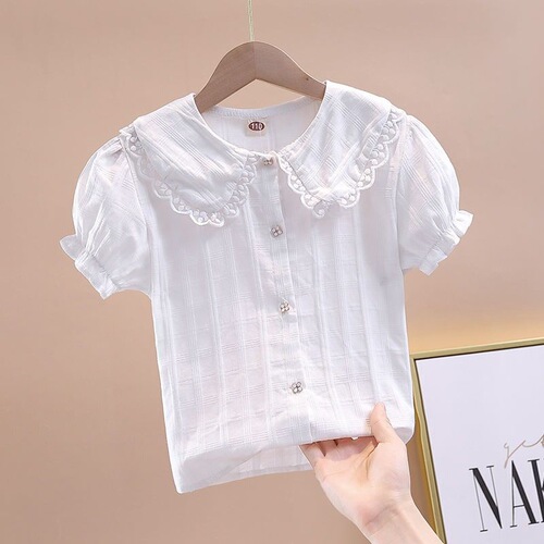 Girls' summer clothing: short-sleeved pure cotton white shirt, thin summer style for primary school students, with bow collar tops and performance half skirts