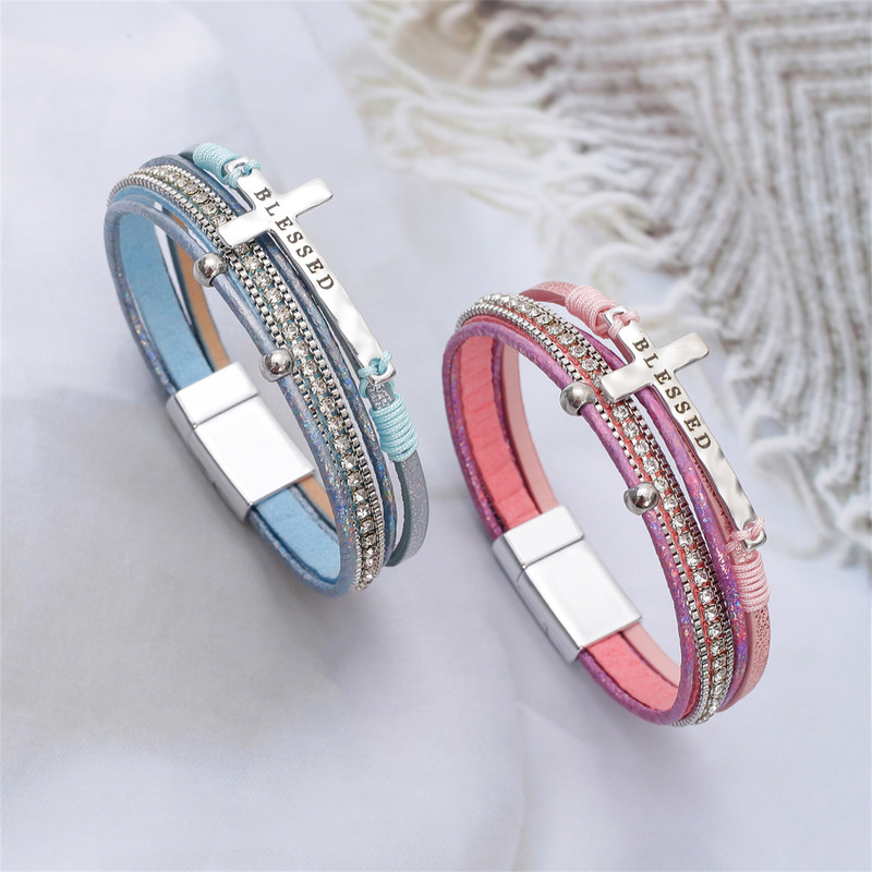 Cross-Border Bohemian Style Hand-Woven Blessed Cross Bracelet European and American Accessible Luxury Diamond Magnetic Buckle Bracelet Cross-Border Bohemian Style Hand-Woven Blessed Cross Bracelet European and American Accessible Luxury Diamond Magnetic Buckle Bracelet