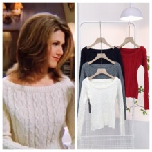 7993老友记瑞秋同款白色麻花上衣春季一字领露肩修身显瘦纯欲毛衣