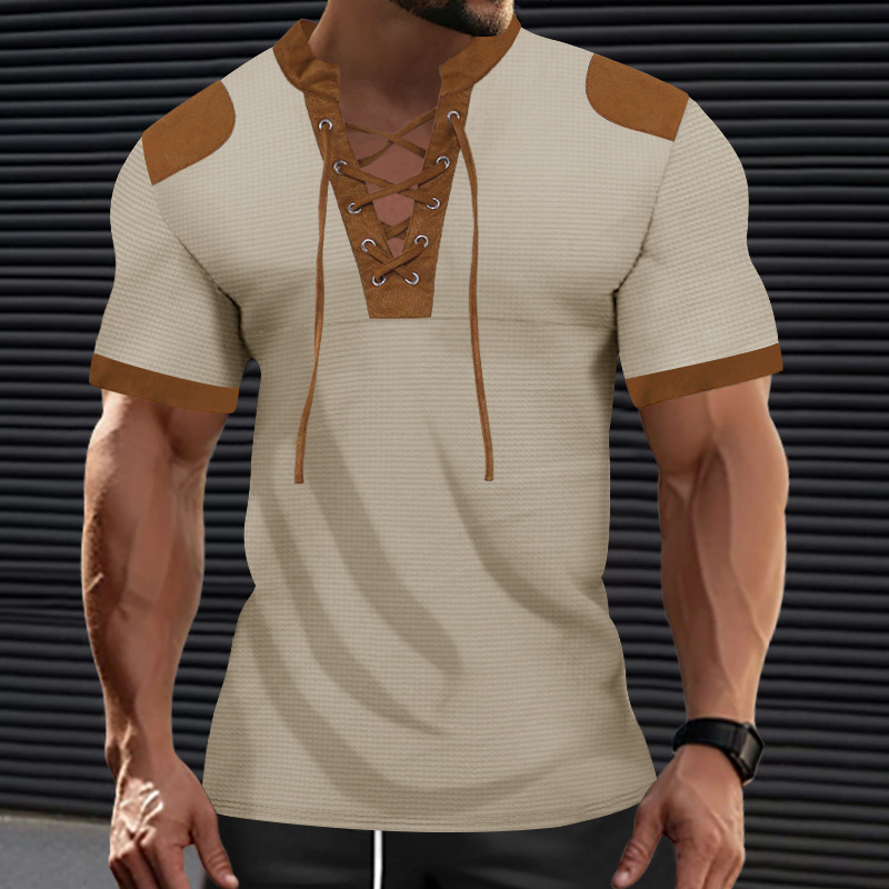 T-shirt da uomo con scollo a v e laccetti moda casual estiva_voghion.com