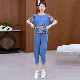 牛仔妈妈时尚夏季夏装套装新款洋气女装宽松显瘦七分裤大码两件套