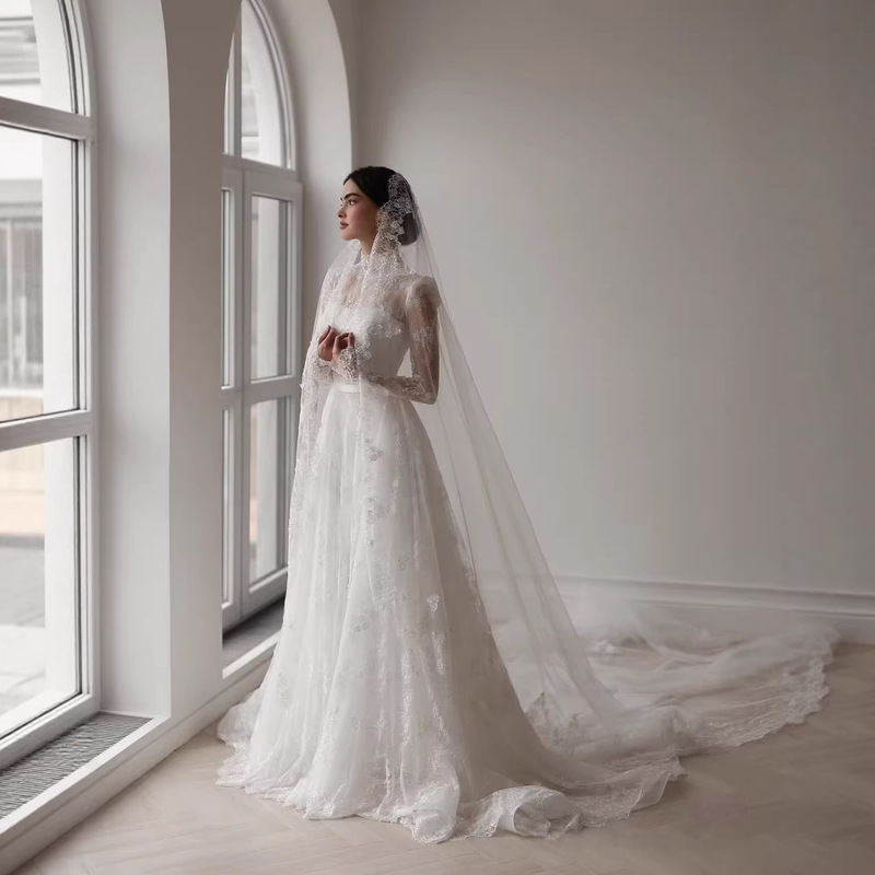 New Style Wedding Dress with Long Sleeves, High Collar, French Lace, Elegant and Graceful, with a Small Train, Light Tulle, Niche Ethnic Wedding Dress