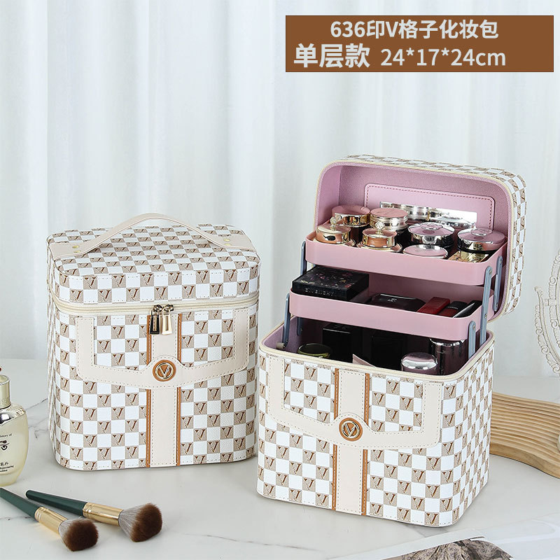Caja de cosméticos a cuadros en forma de V transfronteriza, bolsa de almacenamiento para el cuidado de la piel portátil, caja de herramientas grande multifuncional portátil de alta gama para mujer