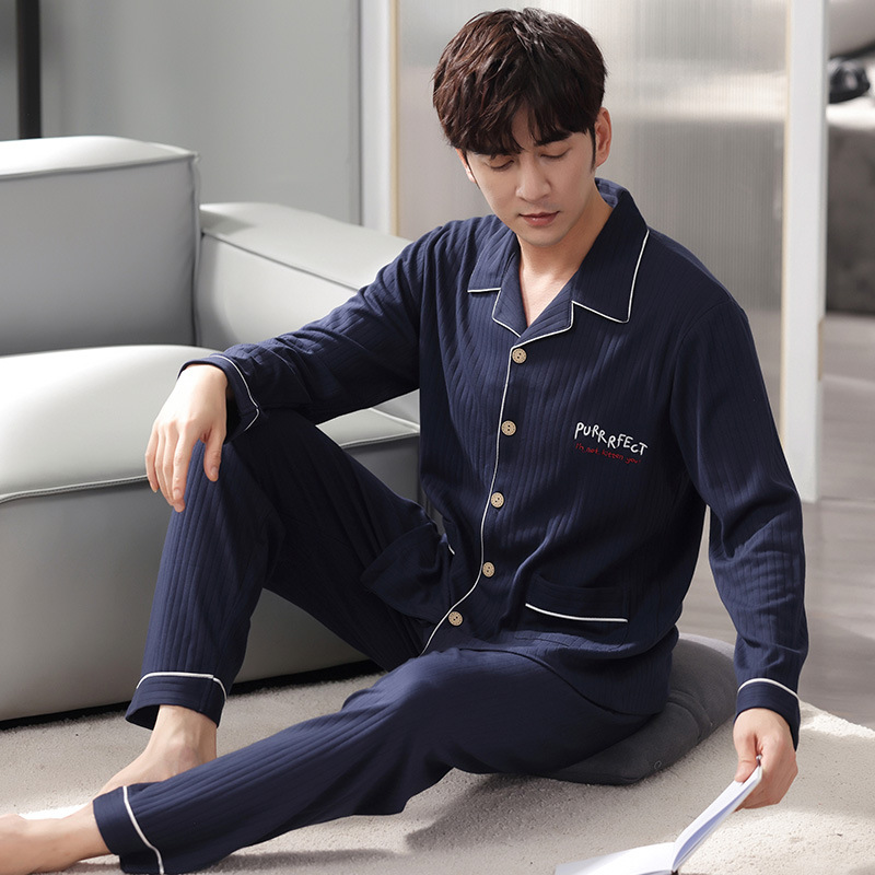 2025 新しいパジャマメンズ秋と冬の綿ルーズ長袖カーディガンラペルハイエンドホームウェアセット