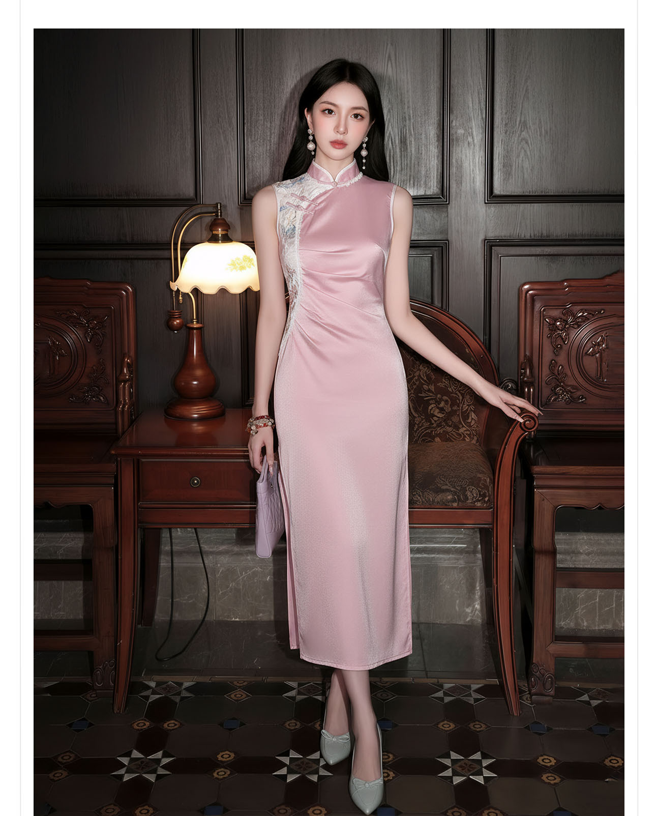 Đầm maxi nữ thắt eo cổ đứng thêu hoa phong cách Trung Hoa mùa hè — màu hồng chi tiết 5