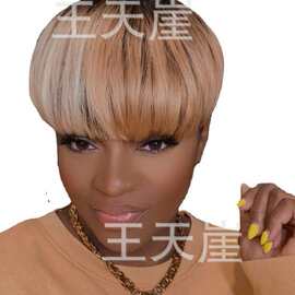 欧美跨境新款假发短直发染色橘色混白金色整顶化纤头套Pixie Wigs