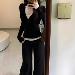 韩系早秋黑色开衫假两件长袖T恤女秋季修身拉链显瘦纯欲薄款上衣