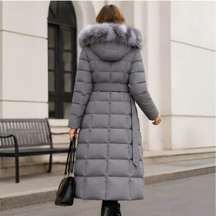 Winter long cotton coat for women with ties, Korean style, over-the-knee, thickened, warm, hooded, solid color, with large fur collar, down cotton jacket