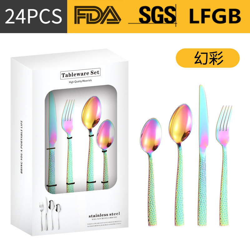Productos de Amazon cubiertos de acero inoxidable 16 / 24 piezas con mango cuadrado engrosado cuchillo de filete cuchara de cuchillo de tenedor de agua cubo de comida occidental