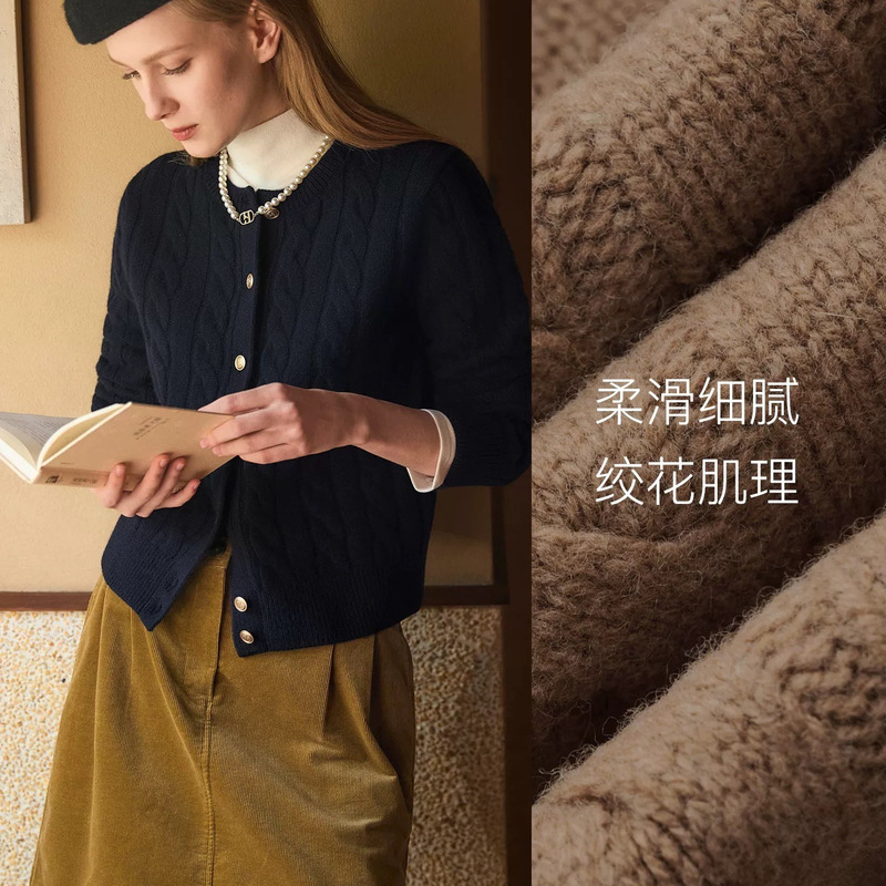 跨境Hazzys哈吉斯绞花开衫女秋冬圆领休闲通勤针织衫时尚羊毛上衣|undefined