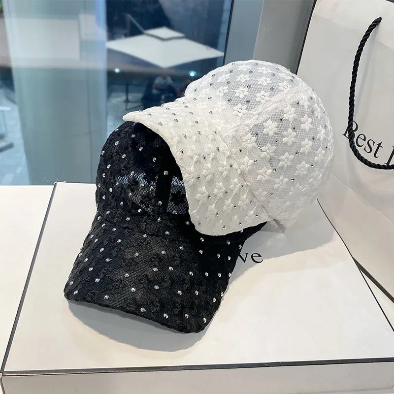 Primavera y verano versátil encaje floral tapa enarbolada Estilo coreano de las mujeres de moda estrellado caliente rhinestone gorra de béisbol protección solar sombrero para el sol