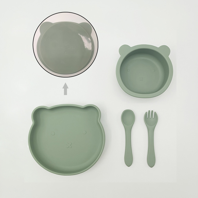 Bebé de alimentación placa cuchara Tenedor traje grado alimenticio silicona Integrado placa niños dibujos animados oso vajilla materna y infantil
