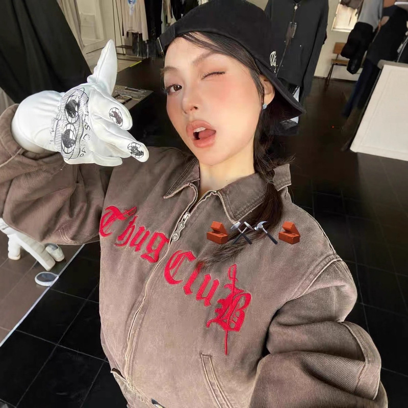 Thug club底特律风格棕色做旧字母刺绣短款秋冬重磅夹克外套男女|undefined