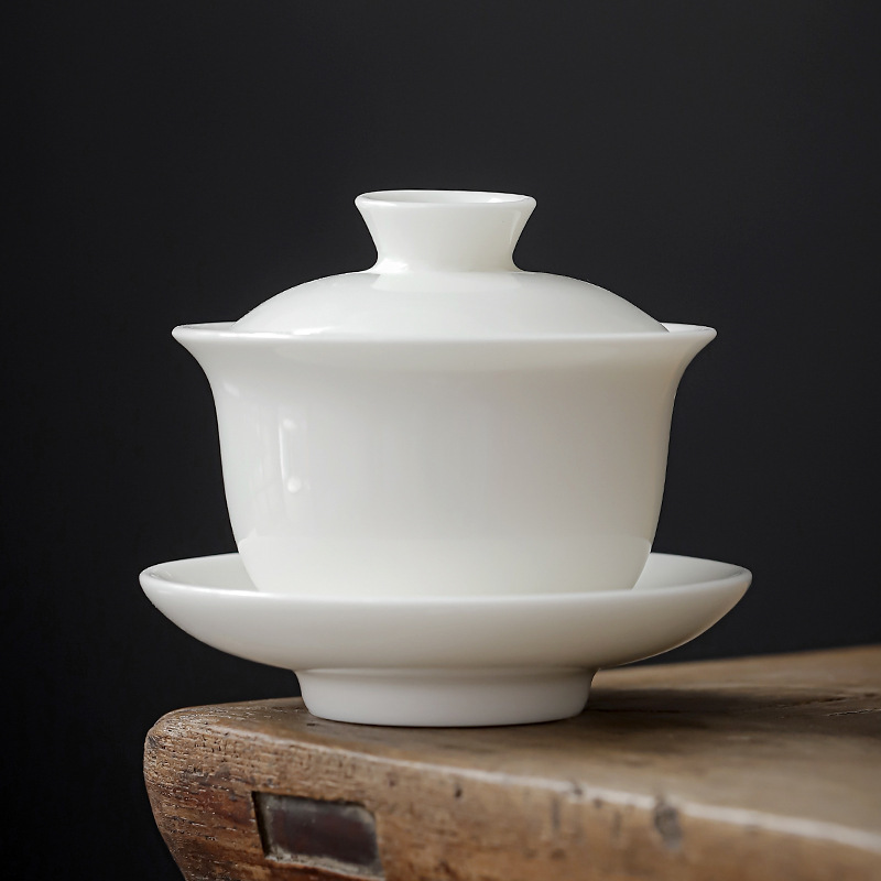 羊脂玉白瓷描金边三才盖碗茶杯功夫茶具敬茶碗纯白大号温润泡茶碗|undefined