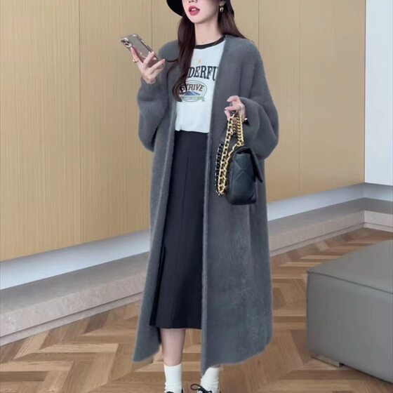Soft Waxy Knitted Cardigan Sweater Women's Autumn and Winter New Loose plus size Slimming Lazy Style Imitation Mink Velvet Long Coat