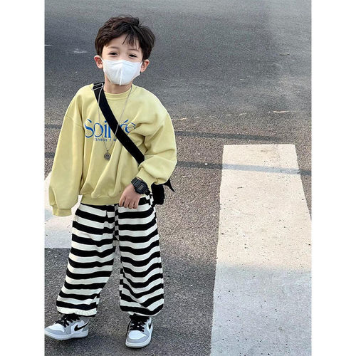 Set of 2: Young Boys Spring & Autumn Hoodie + Striped Wide Leg Pants, Loose Long-Sleeve Hoodie and Striped Pants for Children
