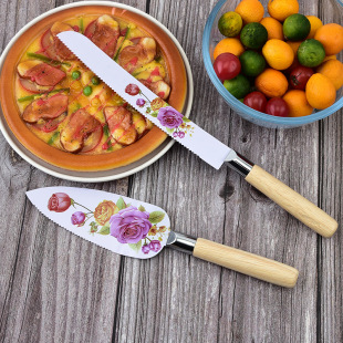 Stainless Steel Printed Serrated Pizza Knife Shovel Household Bread Knife Two-piece Baking Tools Wooden Handle Cake Shovel Direct Supply
